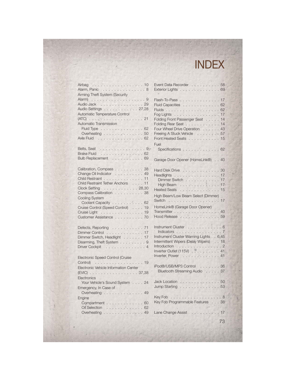 Index | Jeep 2011 Compass - User Guide User Manual | Page 75 / 80