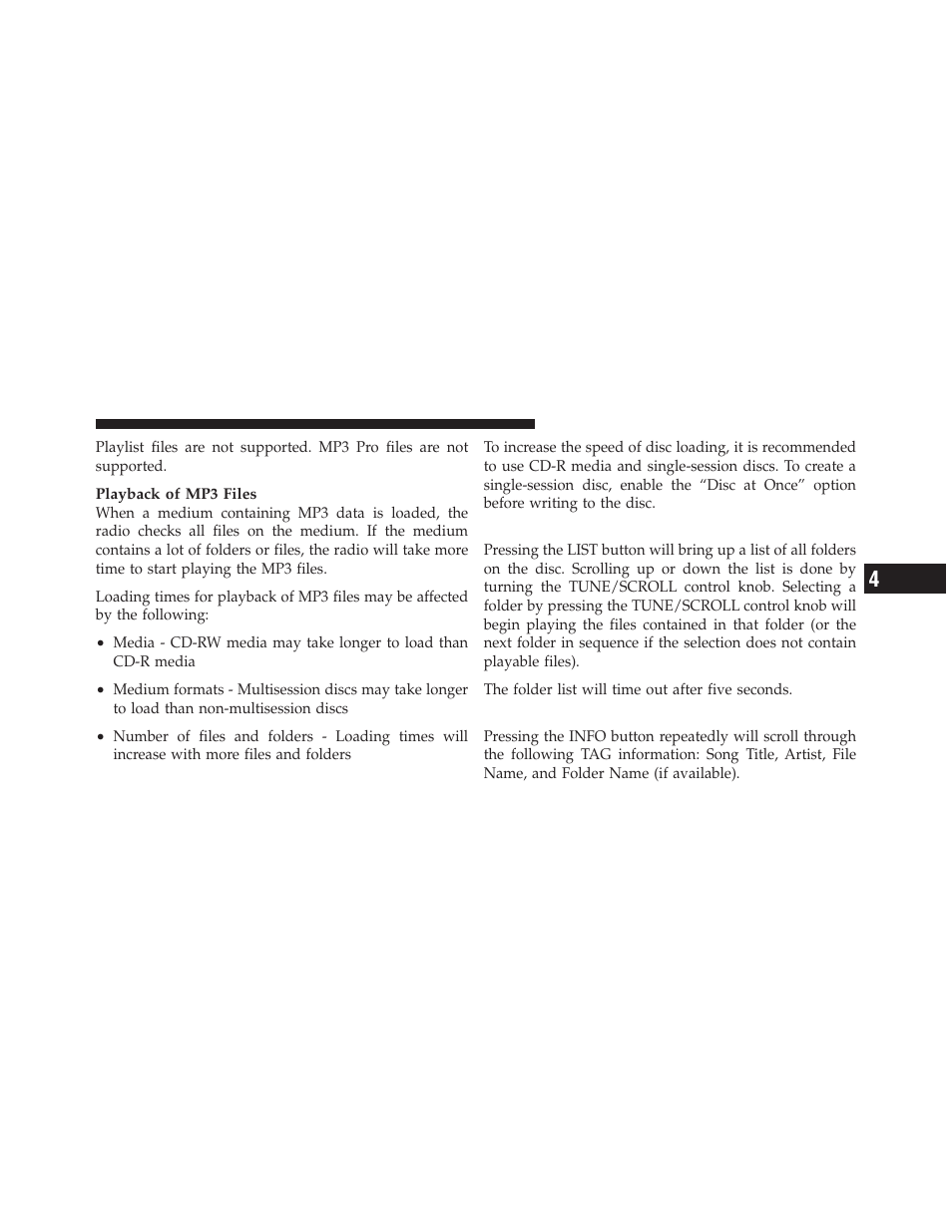 List button (cd mode for mp3 play), Info button (cd mode for mp3 play) | Jeep 2011 Grand Cherokee - Owner Manual User Manual | Page 309 / 587