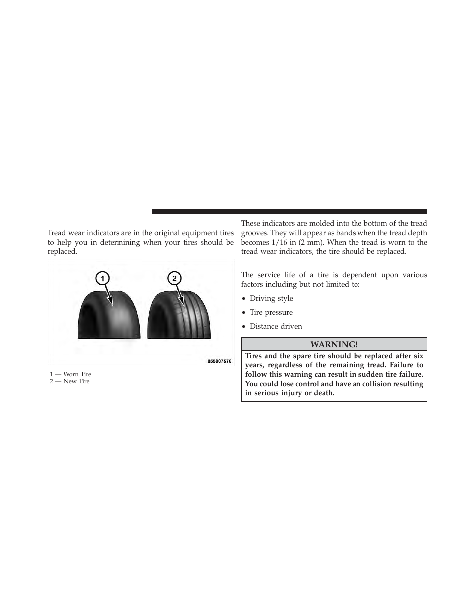 Tread wear indicators, Life of tire | Jeep 2011 Grand Cherokee - Owner Manual User Manual | Page 412 / 587