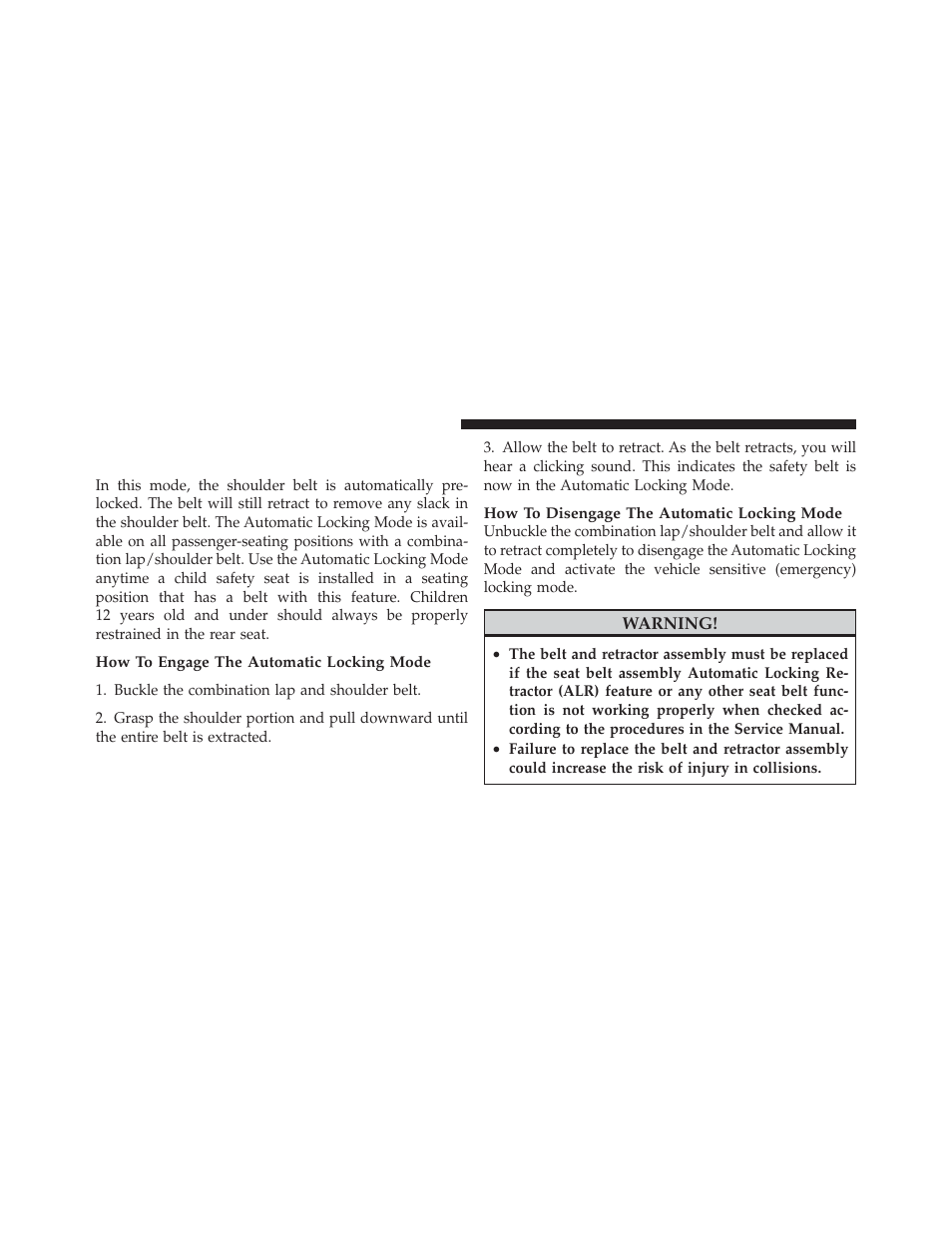 Automatic locking retractor mode (alr), If equipped | Jeep 2011 Grand Cherokee - Owner Manual User Manual | Page 62 / 587