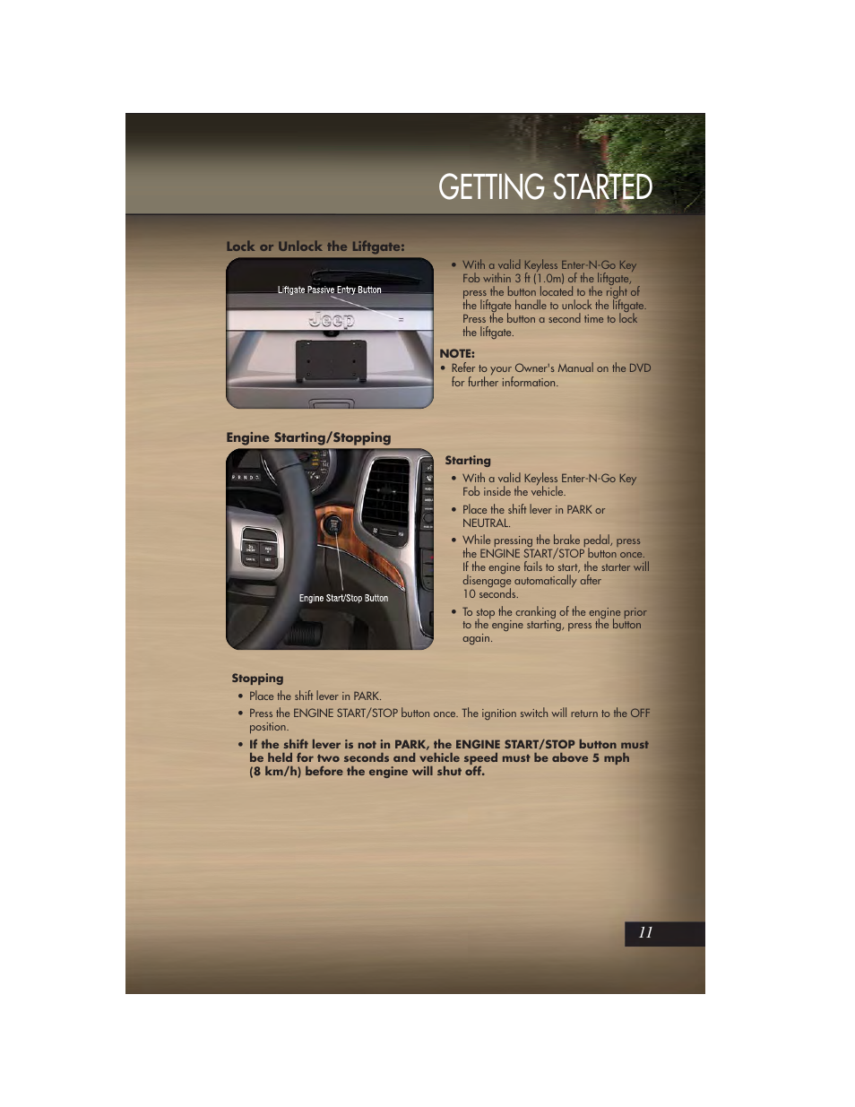 Lock or unlock the liftgate, Engine starting/stopping, Getting started | Jeep 2011 Grand Cherokee - User Guide User Manual | Page 13 / 100