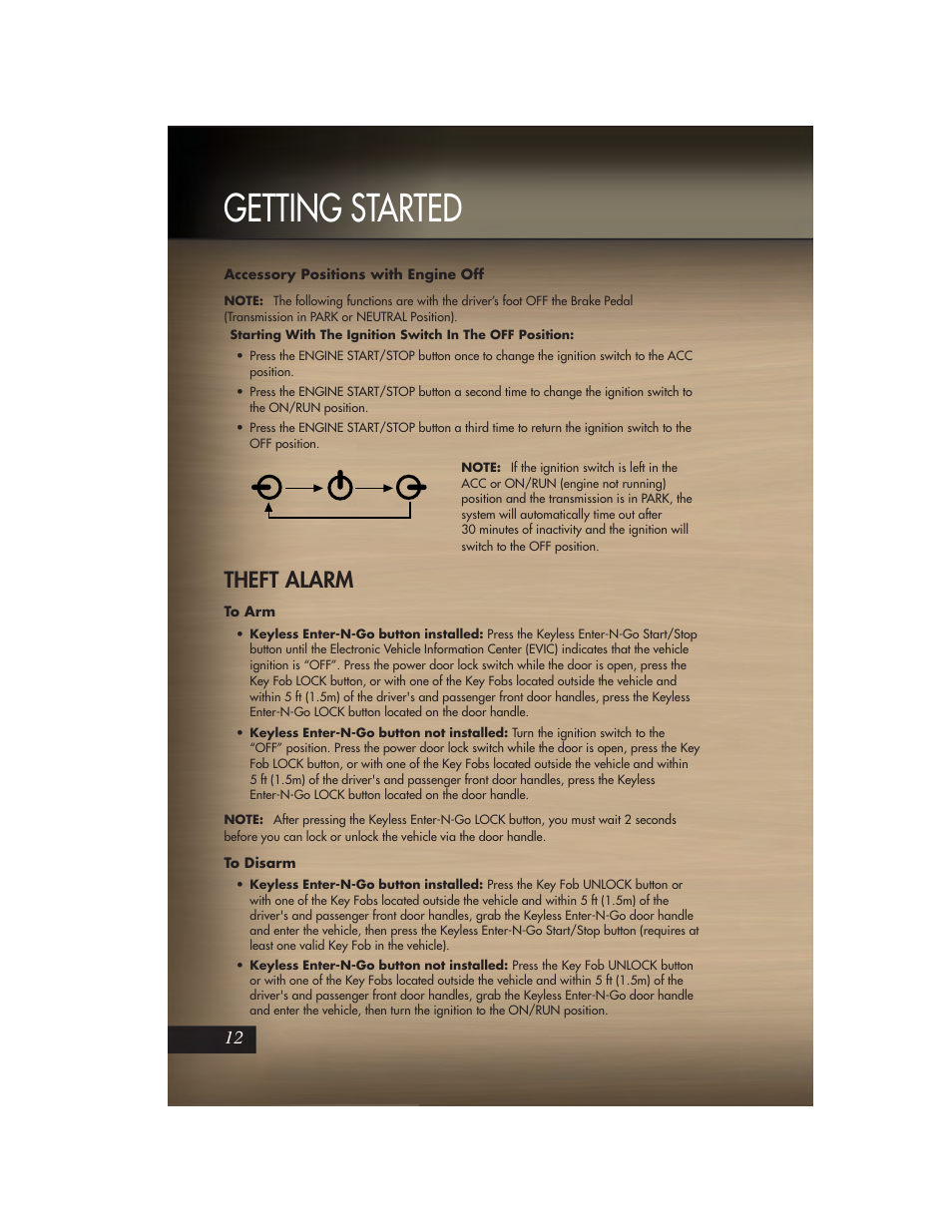 Accessory positions with engine off, Theft alarm, To arm | To disarm, Getting started | Jeep 2011 Grand Cherokee - User Guide User Manual | Page 14 / 100