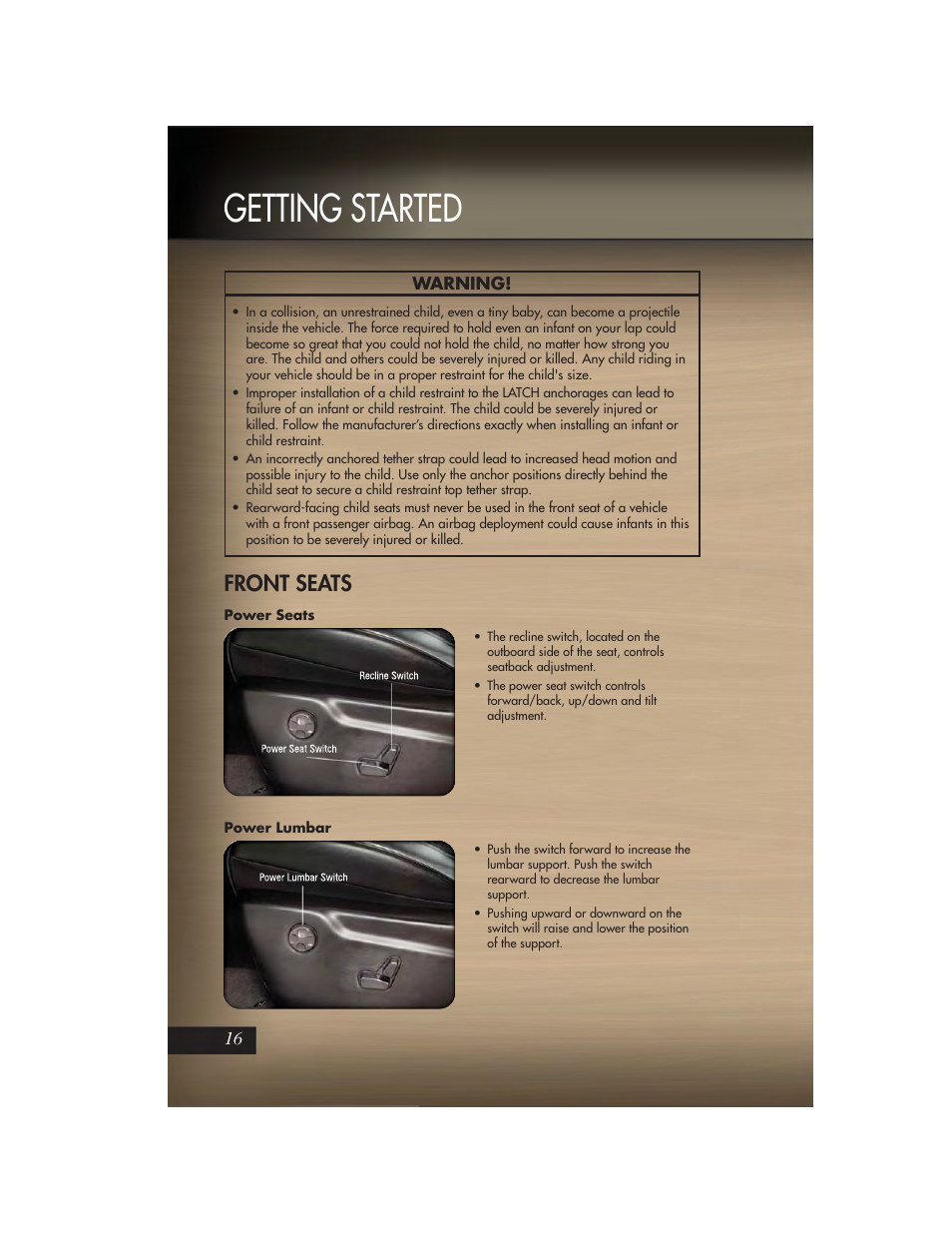 Front seats, Power seats, Power lumbar | Getting started | Jeep 2011 Grand Cherokee - User Guide User Manual | Page 18 / 100