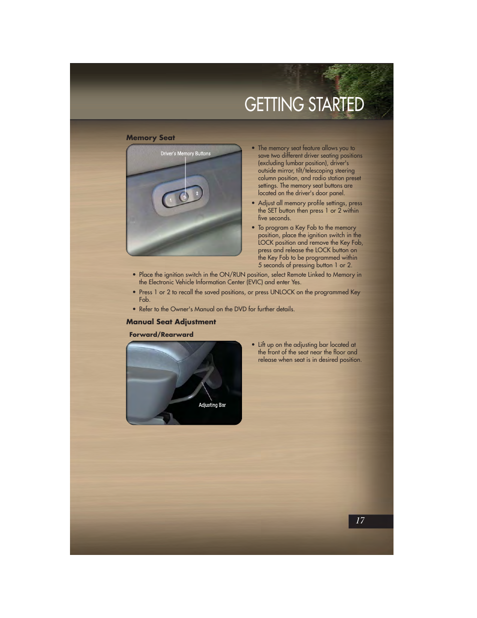 Memory seat, Manual seat adjustment, Getting started | Jeep 2011 Grand Cherokee - User Guide User Manual | Page 19 / 100