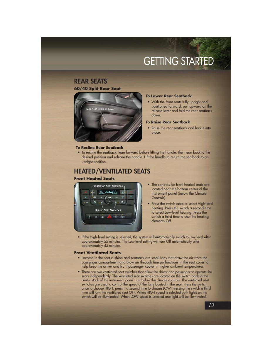 Rear seats, 60/40 split rear seat, Heated/ventilated seats | Front heated seats, Front ventilated seats, Getting started | Jeep 2011 Grand Cherokee - User Guide User Manual | Page 21 / 100