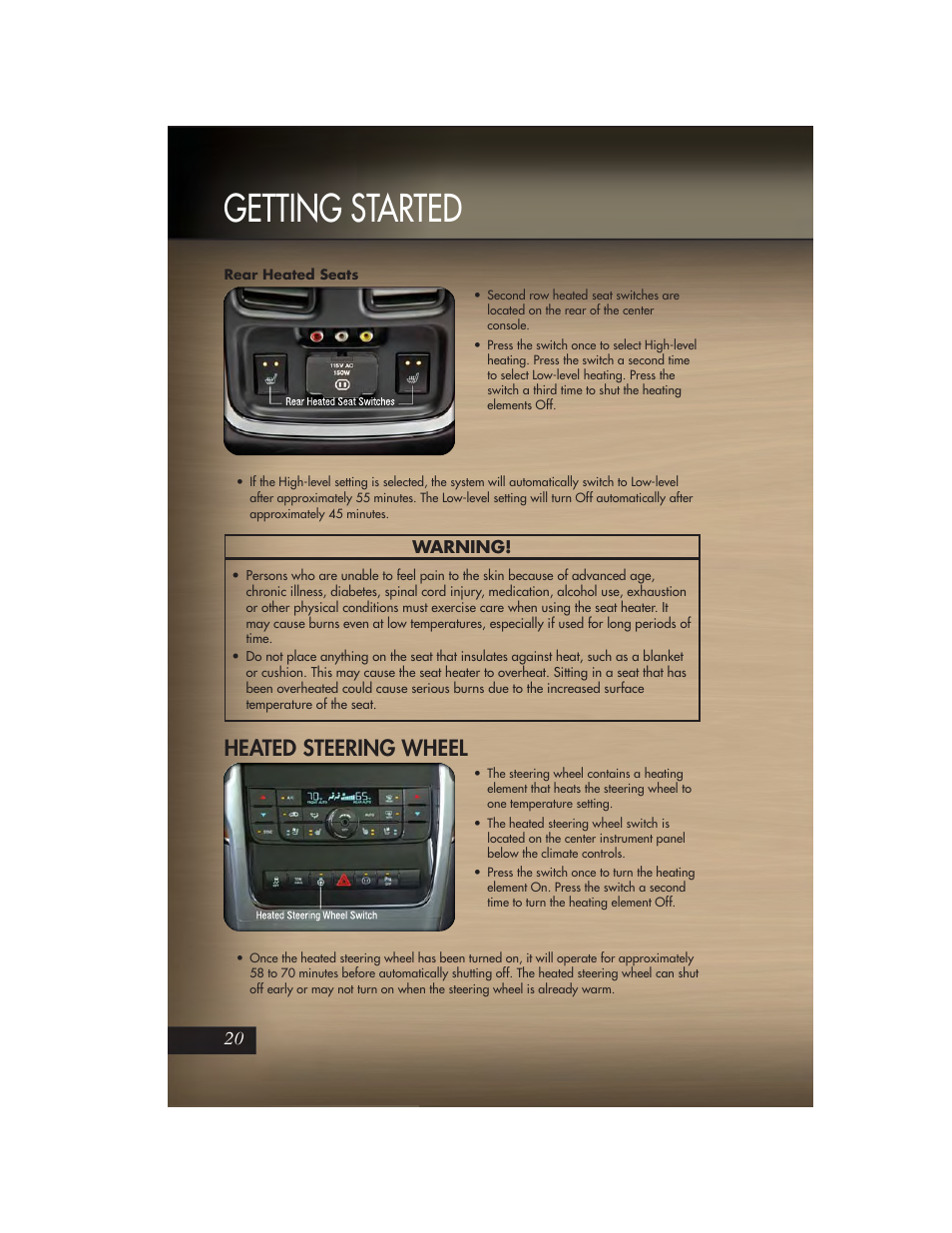Rear heated seats, Heated steering wheel, Getting started | Jeep 2011 Grand Cherokee - User Guide User Manual | Page 22 / 100