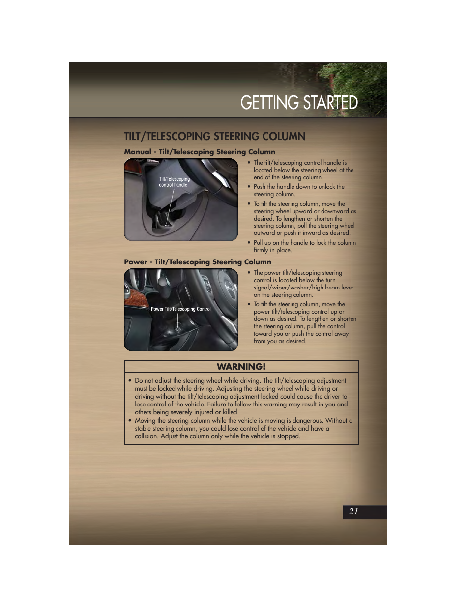 Tilt/telescoping steering column, Manual - tilt/telescoping steering column, Power - tilt/telescoping steering column | Getting started | Jeep 2011 Grand Cherokee - User Guide User Manual | Page 23 / 100