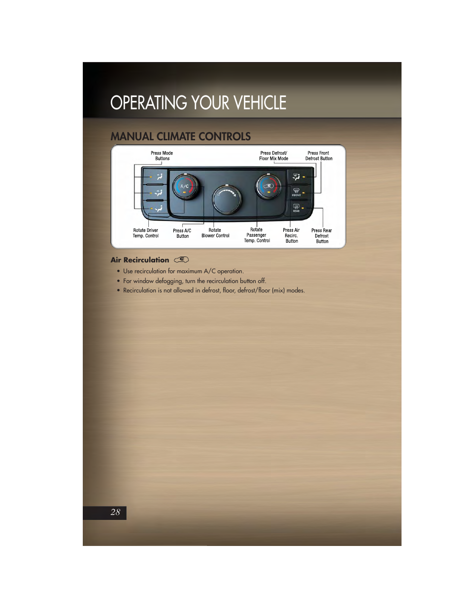 Manual climate controls, Air recirculation, Operating your vehicle | Jeep 2011 Grand Cherokee - User Guide User Manual | Page 30 / 100