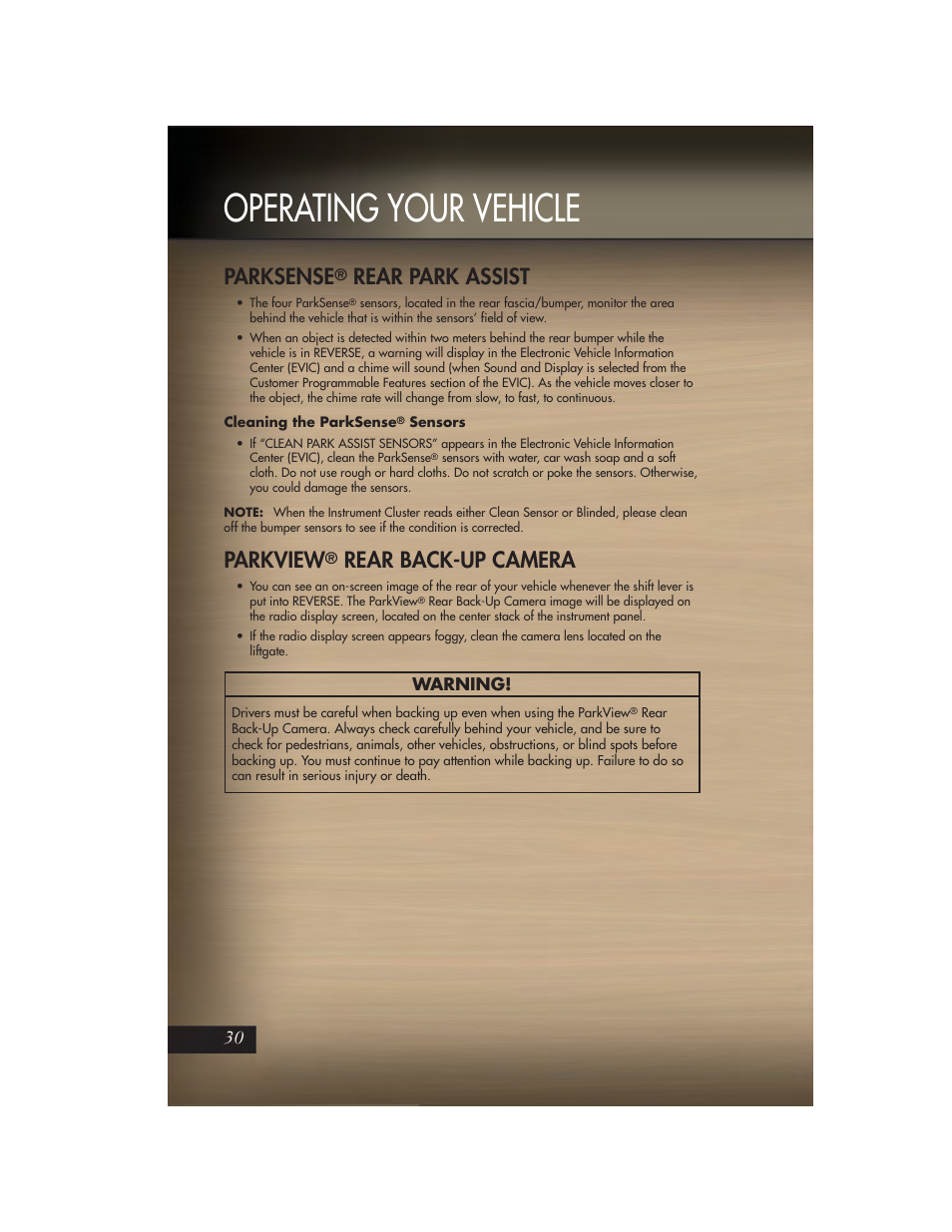 Parksense® rear park assist, Cleaning the parksense® sensors, Parkview® rear back-up camera | Operating your vehicle, Parksense, Rear park assist, Parkview, Rear back-up camera | Jeep 2011 Grand Cherokee - User Guide User Manual | Page 32 / 100