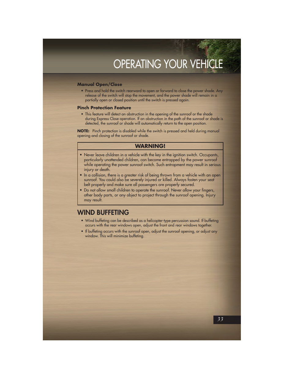 Manual open/close, Pinch protection feature, Wind buffeting | Operating your vehicle | Jeep 2011 Grand Cherokee - User Guide User Manual | Page 35 / 100