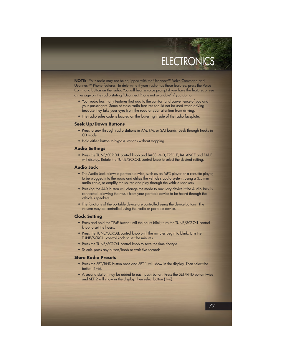 Seek up/down buttons, Audio settings, Audio jack | Clock setting, Store radio presets, Electronics | Jeep 2011 Grand Cherokee - User Guide User Manual | Page 39 / 100