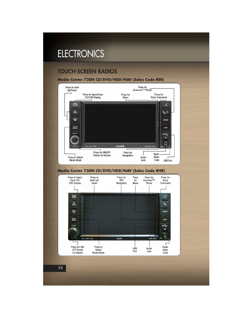 Touch-screen radios, Media center 730n cd/dvd/hdd/nav (sales code rer), Media center 730n cd/dvd/hdd/nav (sales code rhr) | Electronics | Jeep 2011 Grand Cherokee - User Guide User Manual | Page 40 / 100