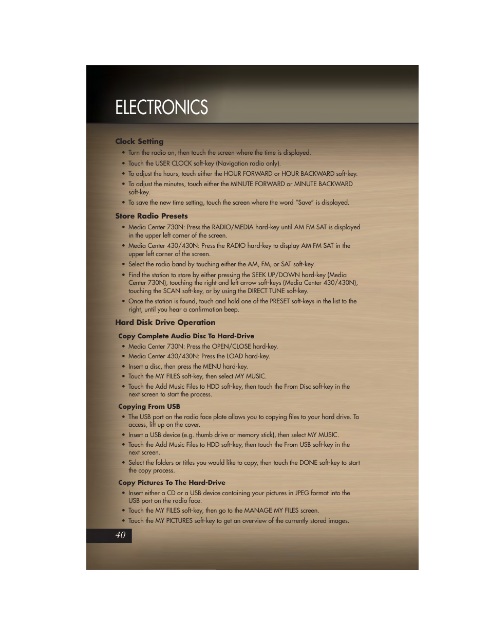 Clock setting, Store radio presets, Hard disk drive operation | Electronics | Jeep 2011 Grand Cherokee - User Guide User Manual | Page 42 / 100