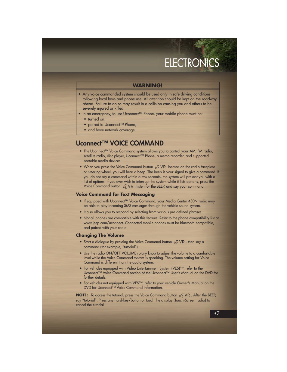 Uconnect™ voice command, Voice command for text messaging, Changing the volume | Electronics, Warning | Jeep 2011 Grand Cherokee - User Guide User Manual | Page 49 / 100