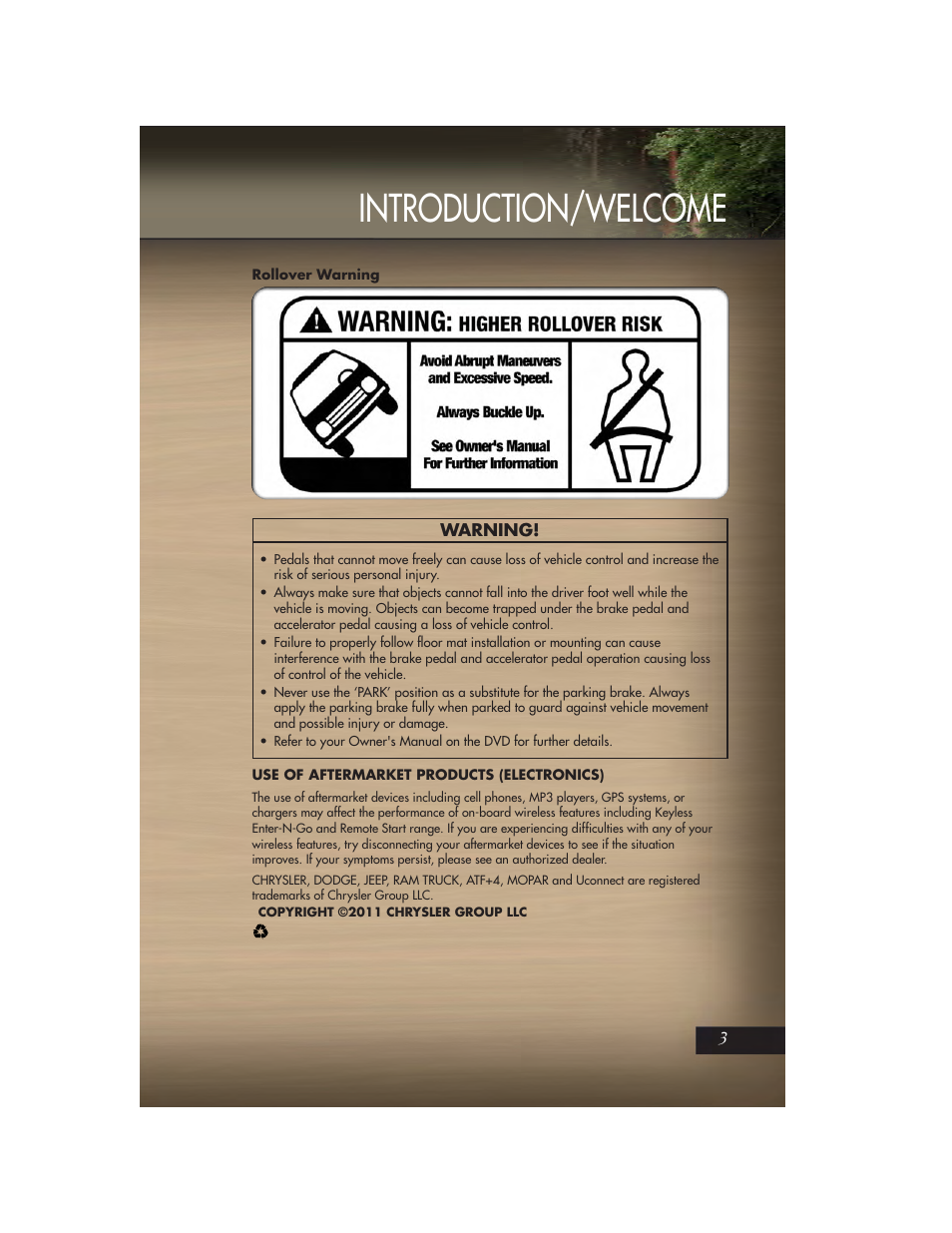 Rollover warning, Use of aftermarket products (electronics), Introduction/welcome | Jeep 2011 Grand Cherokee - User Guide User Manual | Page 5 / 100