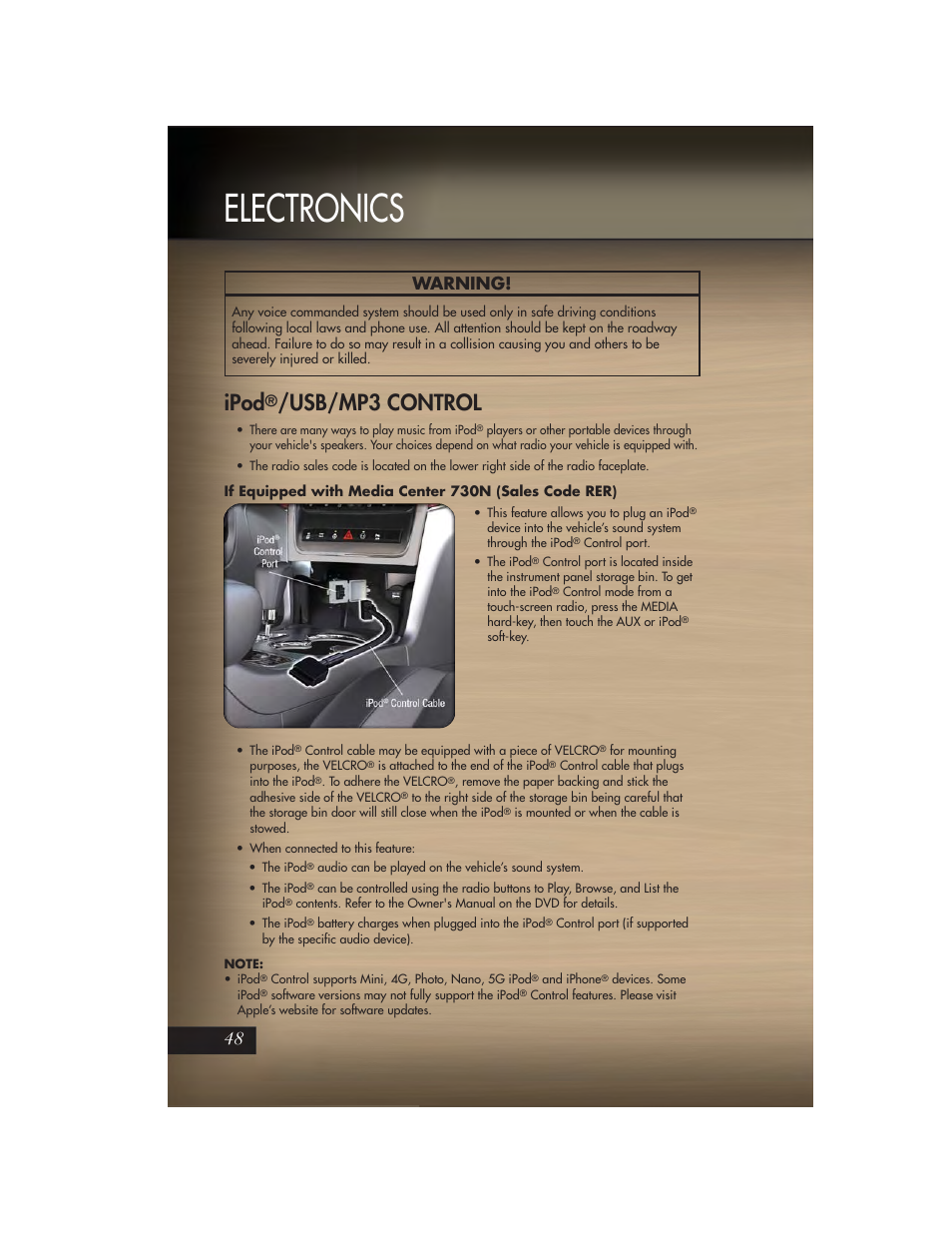 Ipod®/usb/mp3 control, Electronics, Ipod | Usb/mp3 control, Warning | Jeep 2011 Grand Cherokee - User Guide User Manual | Page 50 / 100