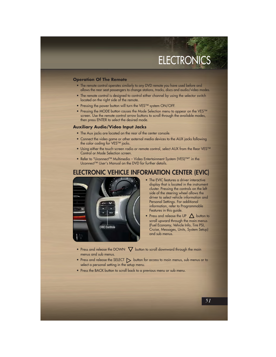 Operation of the remote, Auxiliary audio/video input jacks, Electronic vehicle information center (evic) | Electronics | Jeep 2011 Grand Cherokee - User Guide User Manual | Page 53 / 100