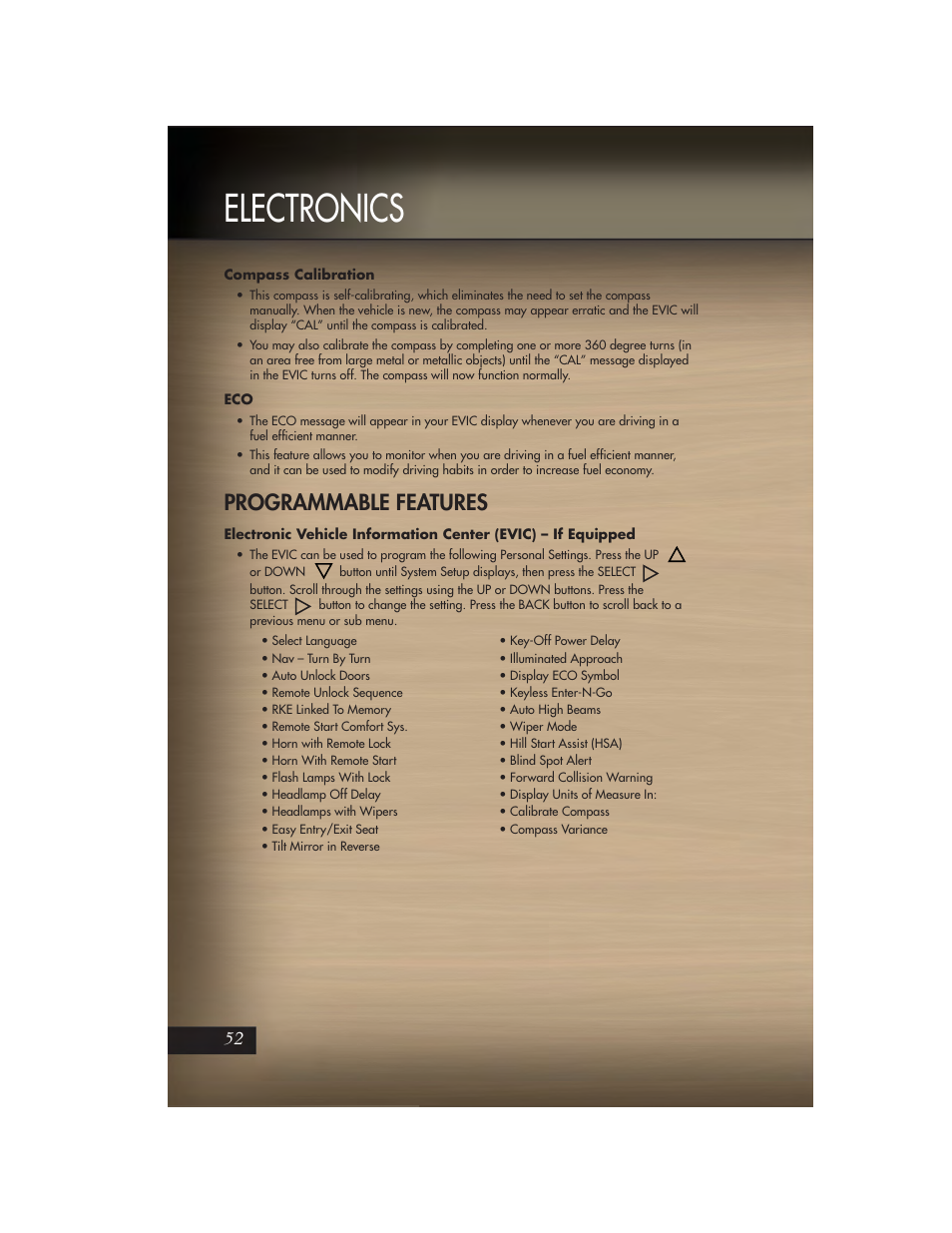 Compass calibration, Programmable features, Electronics | Jeep 2011 Grand Cherokee - User Guide User Manual | Page 54 / 100