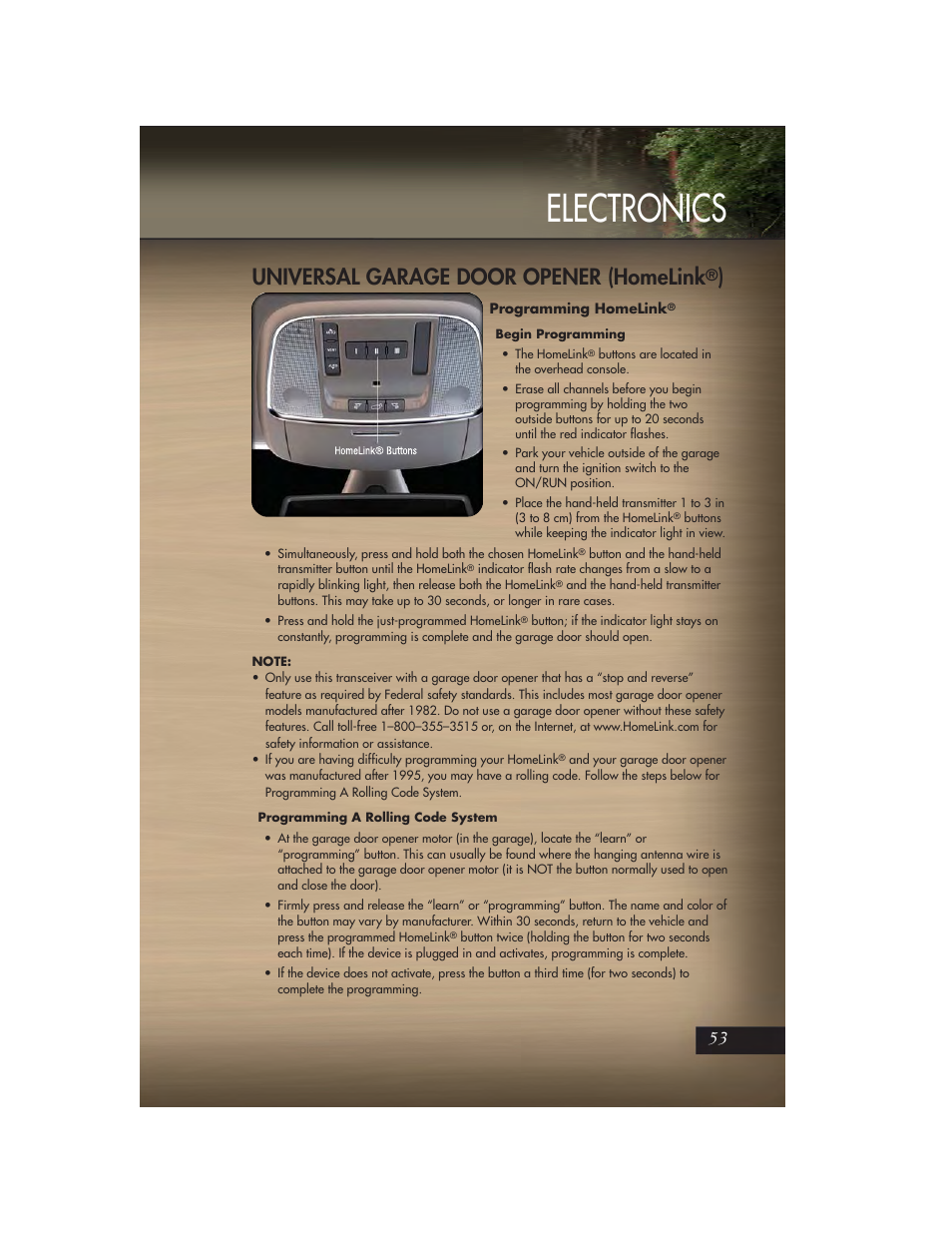 Universal garage door opener (homelink®), Programming homelink, Electronics | Universal garage door opener (homelink | Jeep 2011 Grand Cherokee - User Guide User Manual | Page 55 / 100