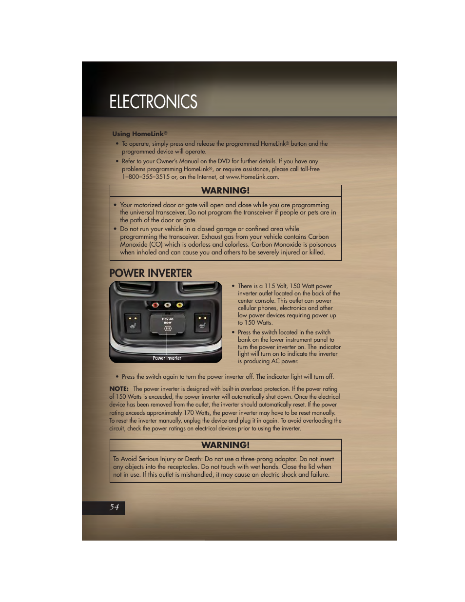 Power inverter, Electronics, Warning | Jeep 2011 Grand Cherokee - User Guide User Manual | Page 56 / 100