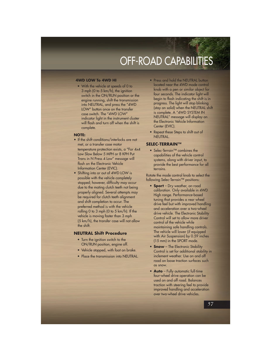 Neutral shift procedure, Selec-terrain, Off-road capabilities | Jeep 2011 Grand Cherokee - User Guide User Manual | Page 59 / 100