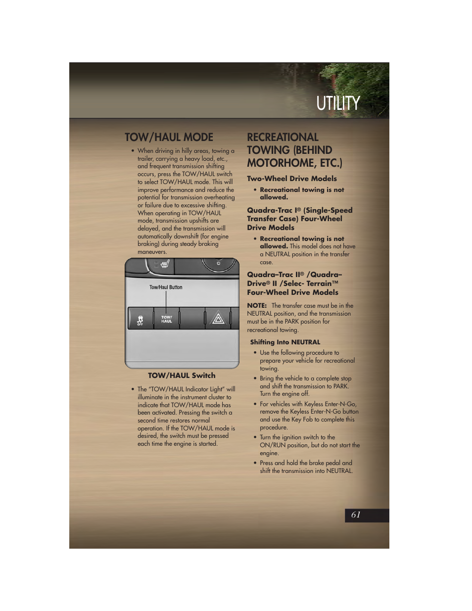 Tow/haul mode, Recreational towing (behind motorhome, etc.), Two-wheel drive models | Utility | Jeep 2011 Grand Cherokee - User Guide User Manual | Page 63 / 100