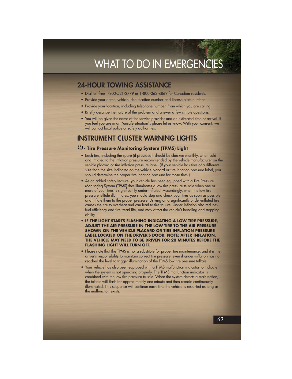 What to do in emergencies, Hour towing assistance, Instrument cluster warning lights | Tire pressure monitoring system (tpms) light | Jeep 2011 Grand Cherokee - User Guide User Manual | Page 65 / 100