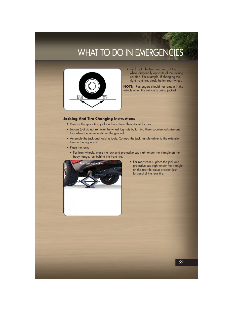 Jacking and tire changing instructions, What to do in emergencies | Jeep 2011 Grand Cherokee - User Guide User Manual | Page 71 / 100