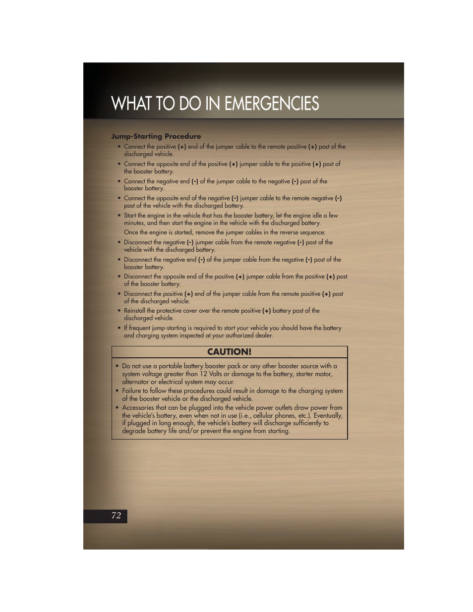 Jump-starting procedure, What to do in emergencies, Caution | Jeep 2011 Grand Cherokee - User Guide User Manual | Page 74 / 100