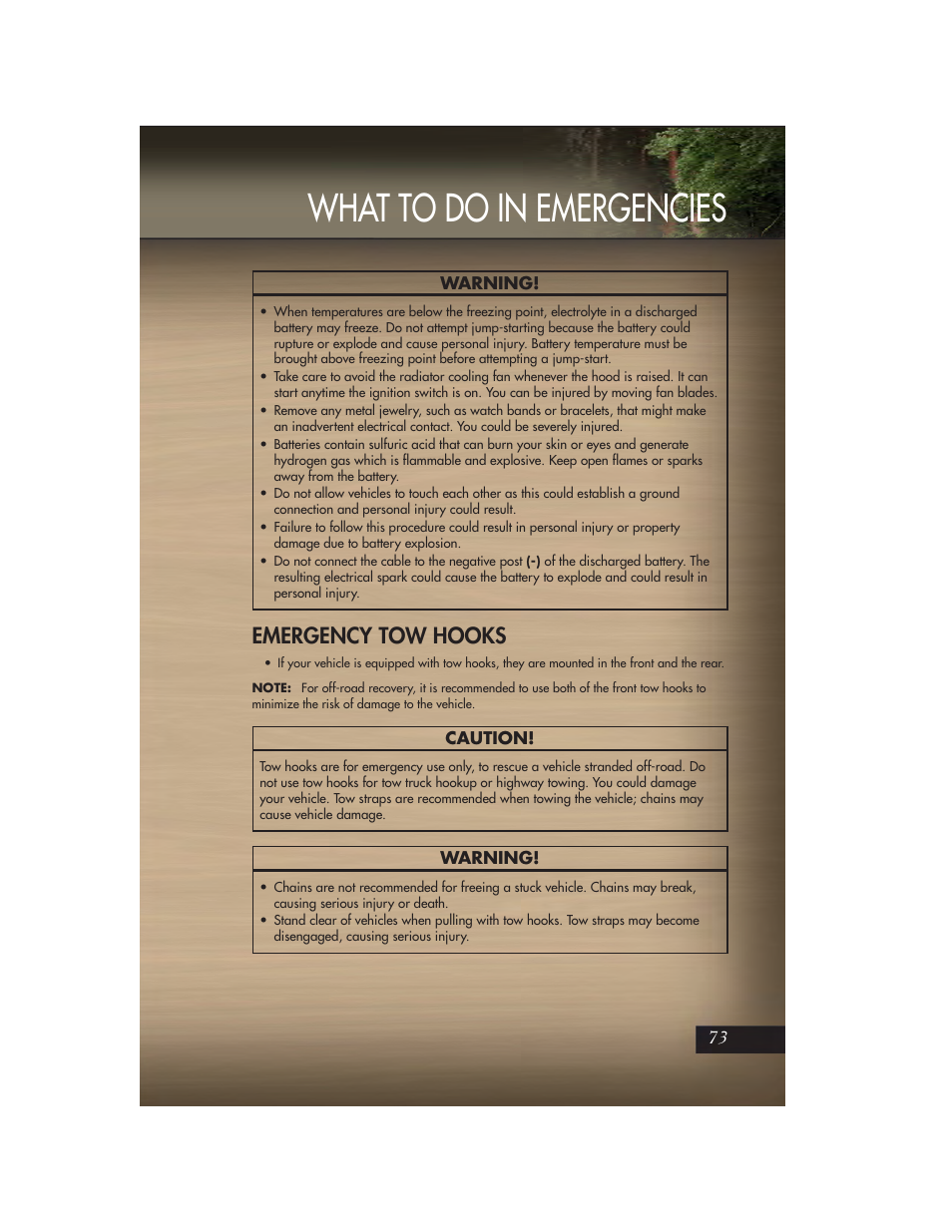 Emergency tow hooks, What to do in emergencies | Jeep 2011 Grand Cherokee - User Guide User Manual | Page 75 / 100