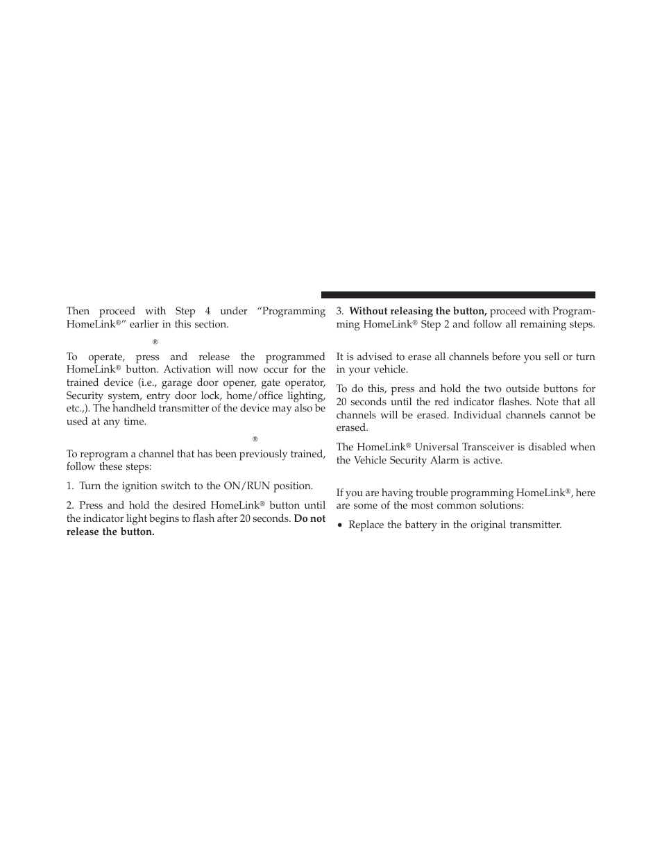 Using homelinkĥ, Reprogramming a single homelinkĥ button, Security | Troubleshooting tips, Using homelink, Reprogramming a single, Homelink, Button | Jeep 2011 Liberty - Owner Manual User Manual | Page 190 / 542