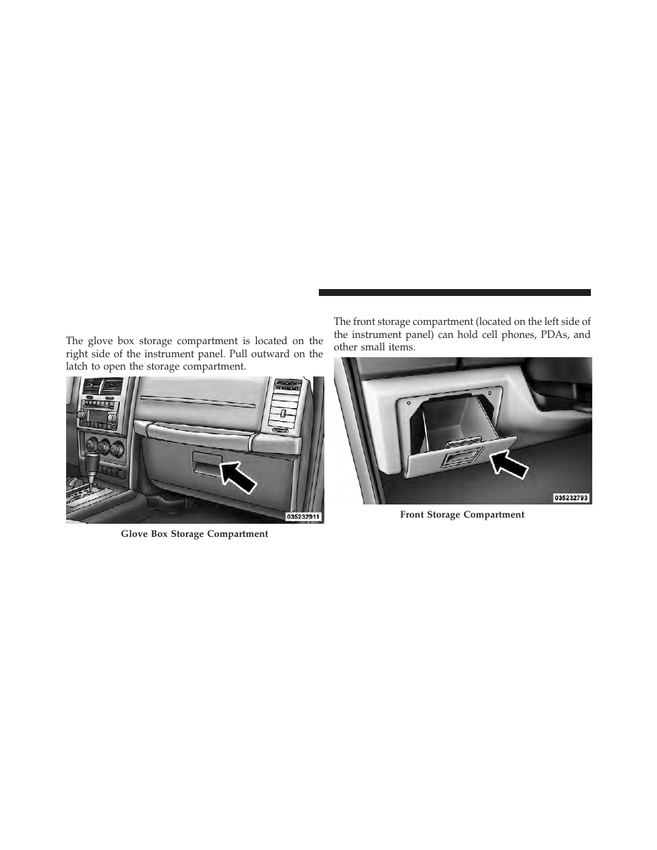 Storage, Glove box storage compartment, Front storage compartment | Jeep 2011 Liberty - Owner Manual User Manual | Page 204 / 542