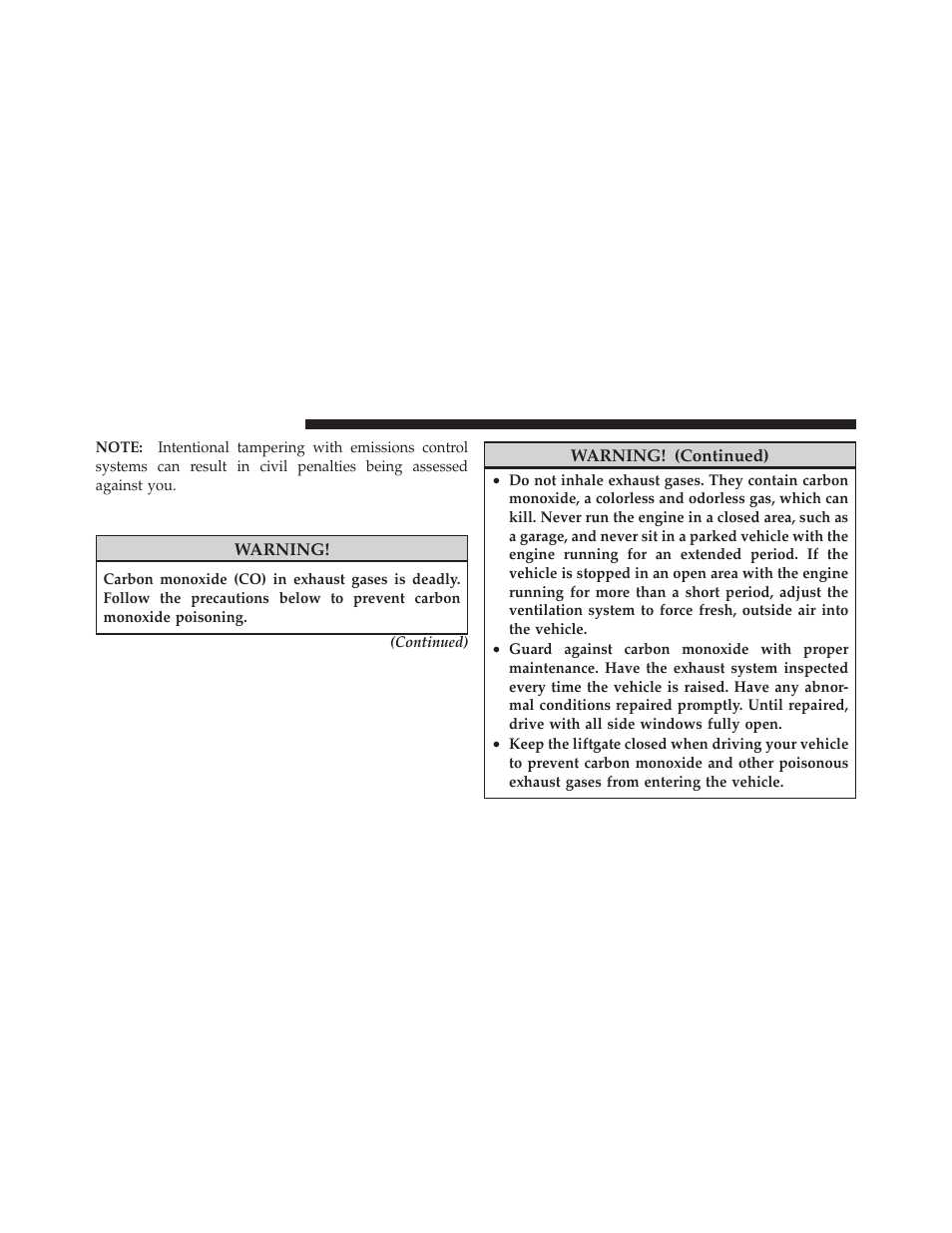 Carbon monoxide warnings | Jeep 2011 Liberty - Owner Manual User Manual | Page 394 / 542