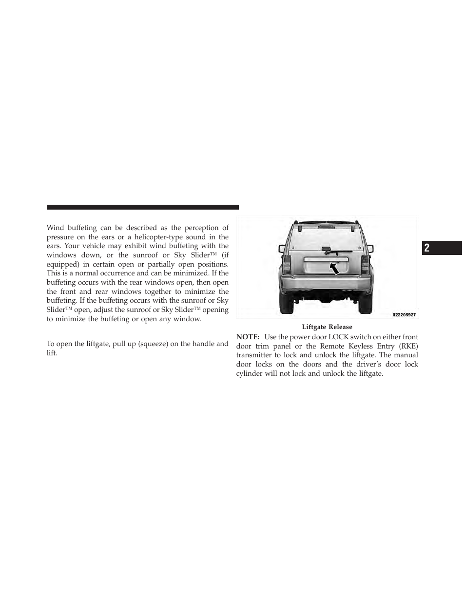 Wind buffeting, Liftgate | Jeep 2011 Liberty - Owner Manual User Manual | Page 41 / 542