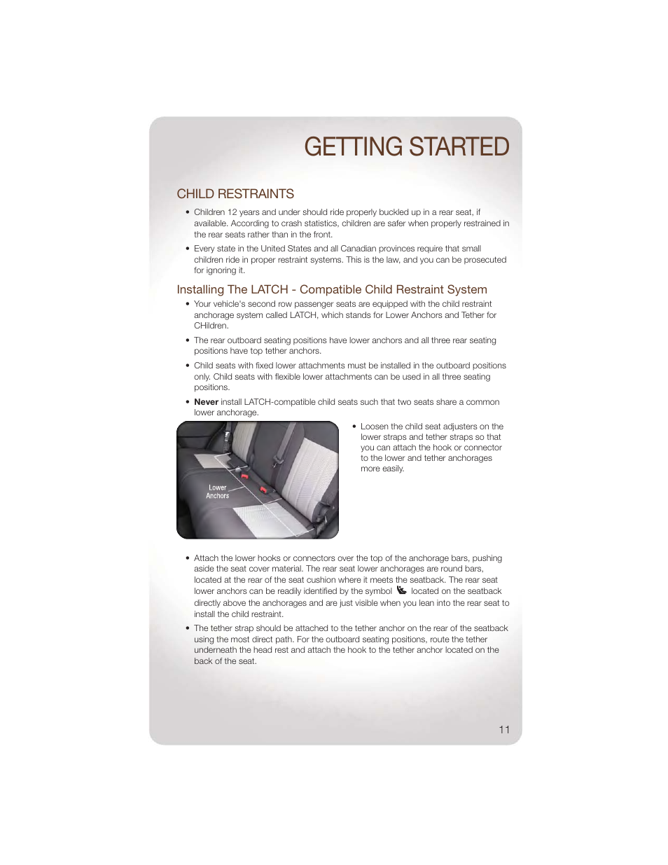 Child restraints, Getting started | Jeep 2011 Liberty - User Guide User Manual | Page 13 / 88