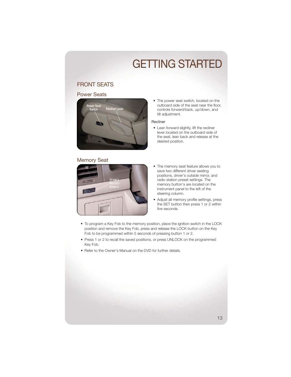 Front seats, Power seats, Memory seat | Getting started | Jeep 2011 Liberty - User Guide User Manual | Page 15 / 88