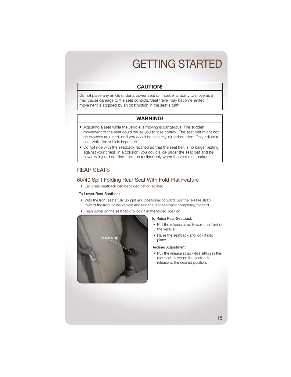 Rear seats, Getting started | Jeep 2011 Liberty - User Guide User Manual | Page 17 / 88