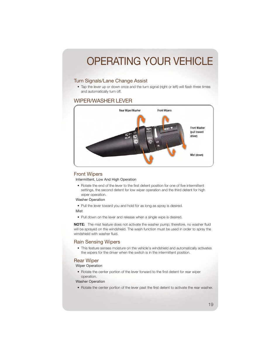 Turn signals/lane change assist, Wiper/washer lever, Front wipers | Rain sensing wipers, Rear wiper, Operating your vehicle | Jeep 2011 Liberty - User Guide User Manual | Page 21 / 88