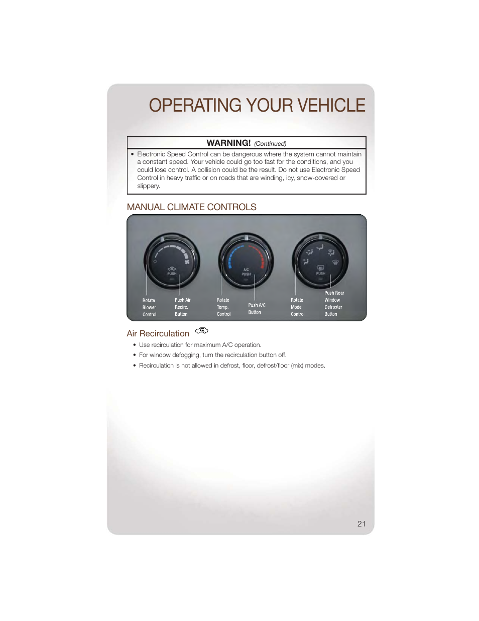 Manual climate controls, Air recirculation, Operating your vehicle | Jeep 2011 Liberty - User Guide User Manual | Page 23 / 88