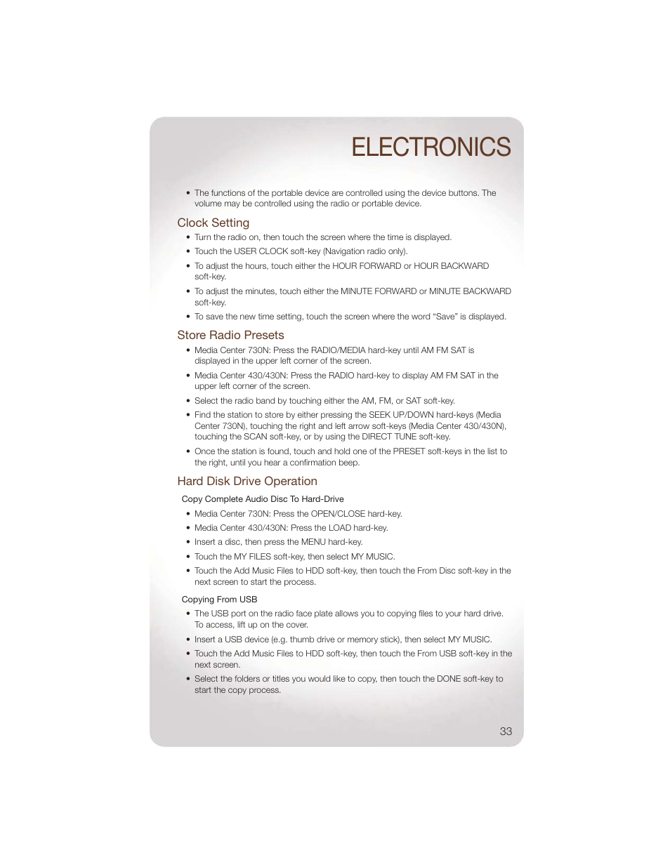 Clock setting, Store radio presets, Hard disk drive operation | Electronics | Jeep 2011 Liberty - User Guide User Manual | Page 35 / 88