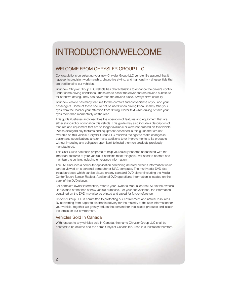 Introduction/welcome, Welcome from chrysler group llc, Vehicles sold in canada | Jeep 2011 Liberty - User Guide User Manual | Page 4 / 88