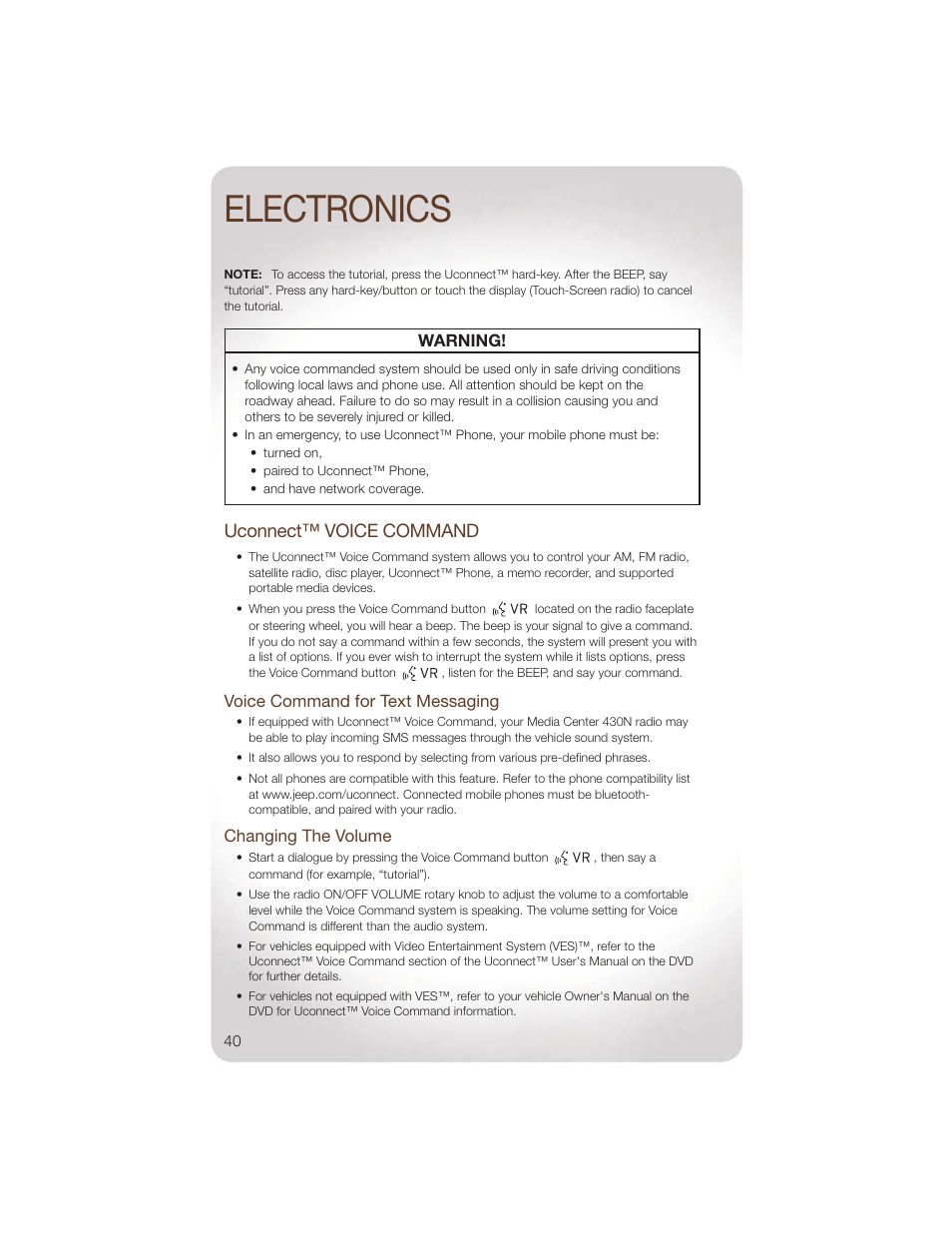 Uconnect™ voice command, Voice command for text messaging, Changing the volume | Electronics | Jeep 2011 Liberty - User Guide User Manual | Page 42 / 88