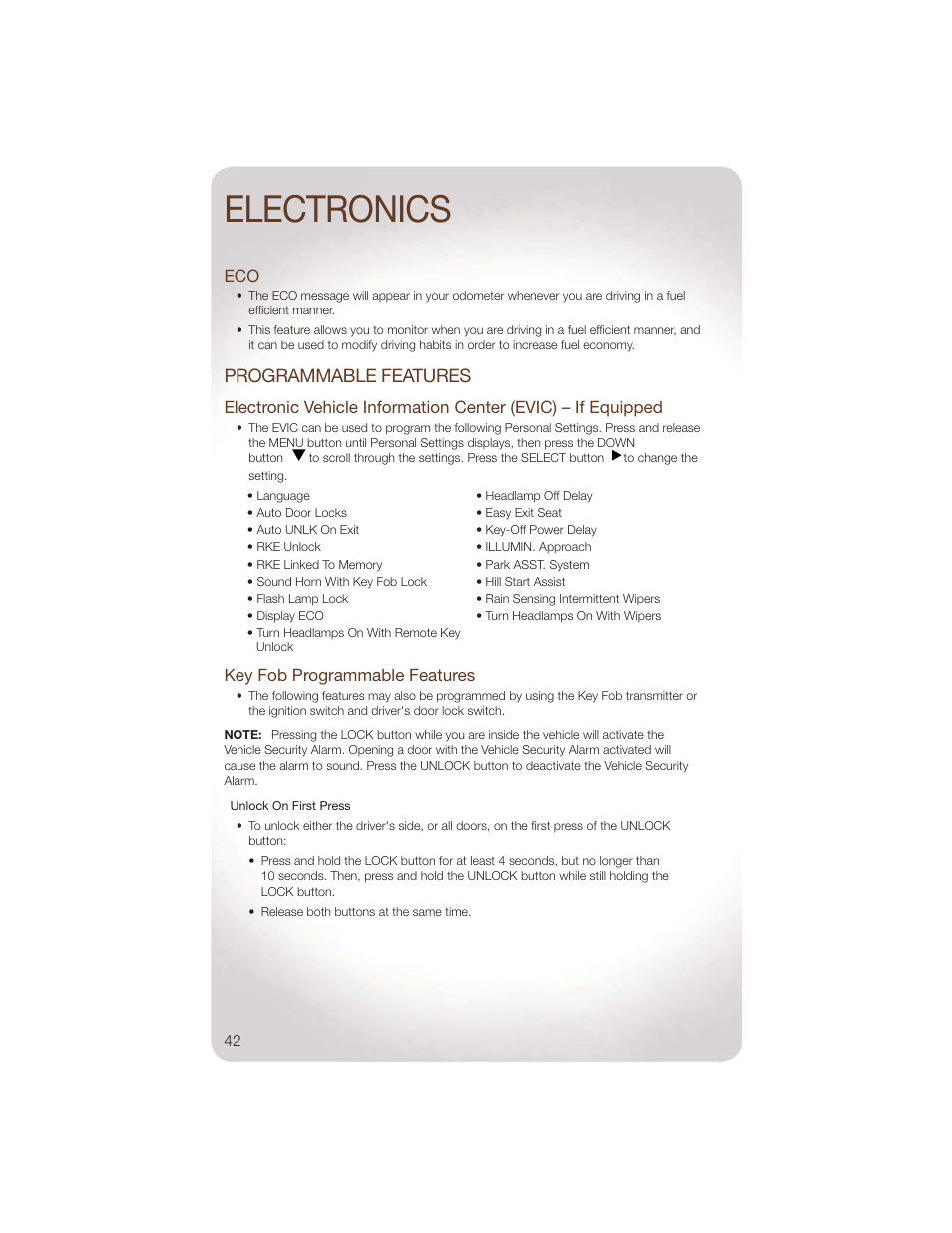 Programmable features, Key fob programmable features, Electronics | Jeep 2011 Liberty - User Guide User Manual | Page 44 / 88