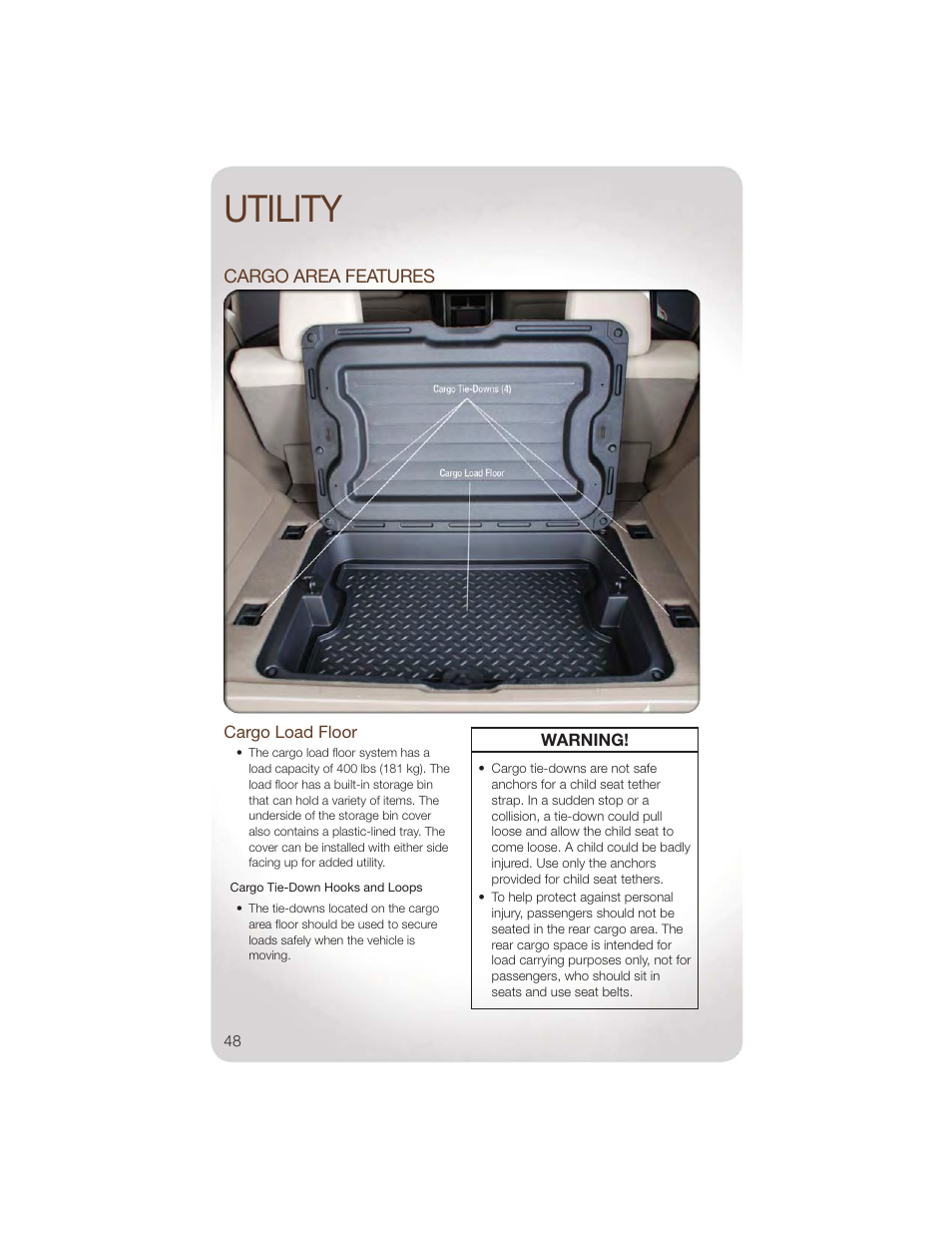 Utility, Cargo area features, Cargo load floor | Jeep 2011 Liberty - User Guide User Manual | Page 50 / 88