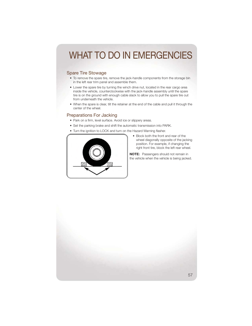 Spare tire stowage, Preparations for jacking, What to do in emergencies | Jeep 2011 Liberty - User Guide User Manual | Page 59 / 88