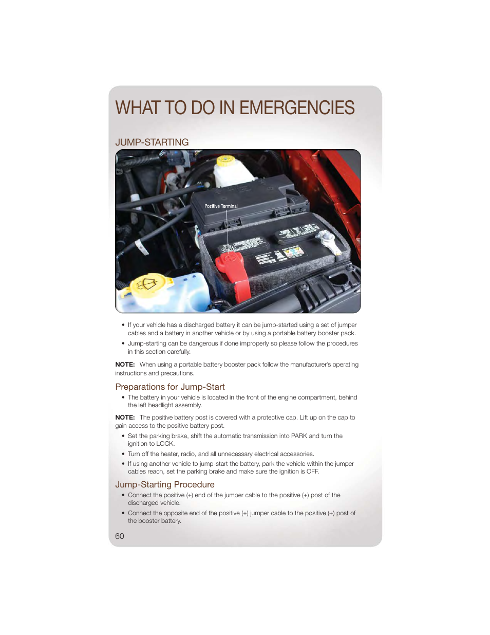 Jump-starting, Preparations for jump-start, Jump-starting procedure | What to do in emergencies | Jeep 2011 Liberty - User Guide User Manual | Page 62 / 88