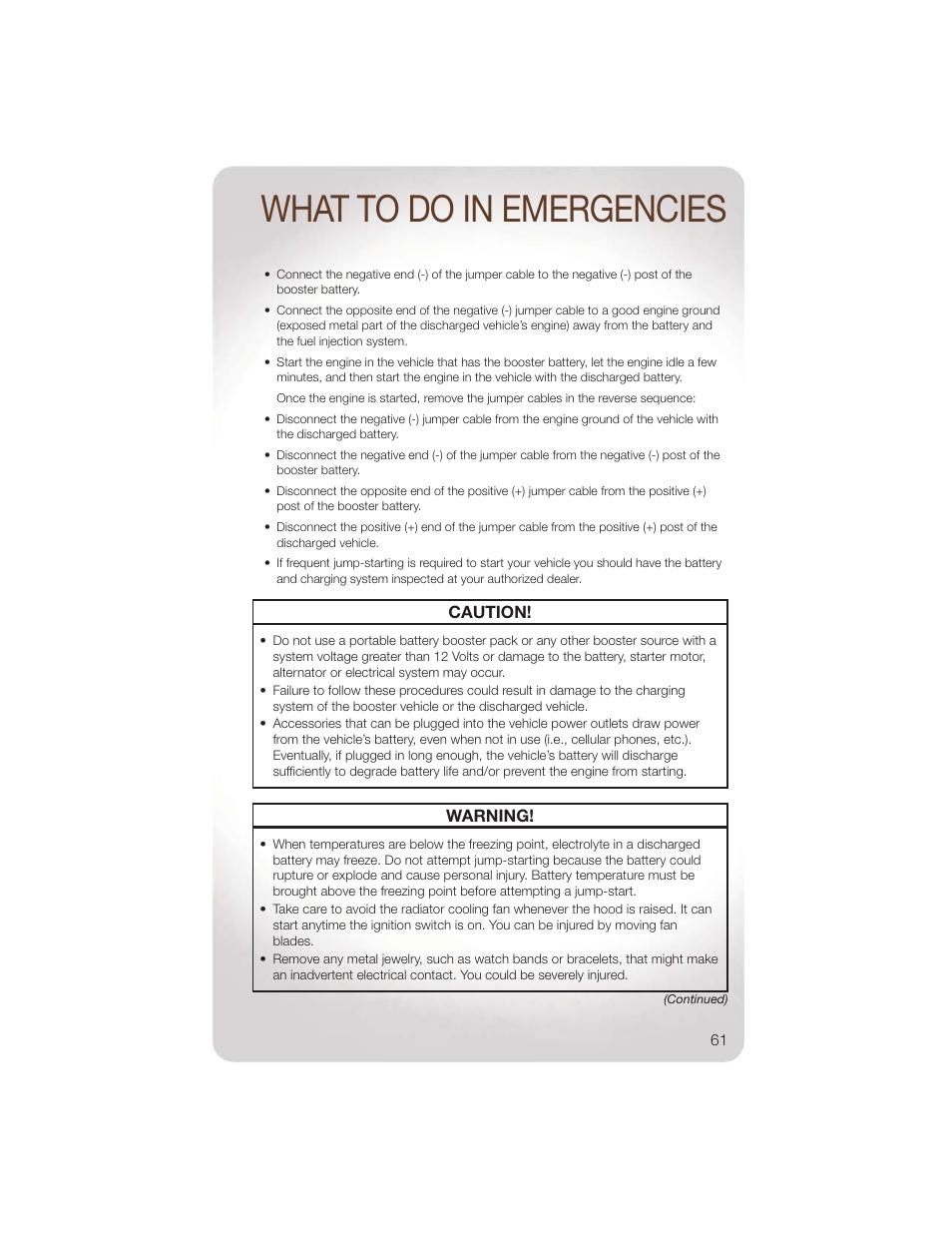 What to do in emergencies, Caution, Warning | Jeep 2011 Liberty - User Guide User Manual | Page 63 / 88
