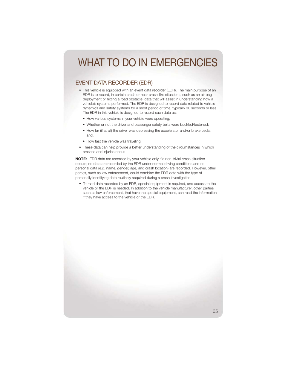 Event data recorder (edr), What to do in emergencies | Jeep 2011 Liberty - User Guide User Manual | Page 67 / 88