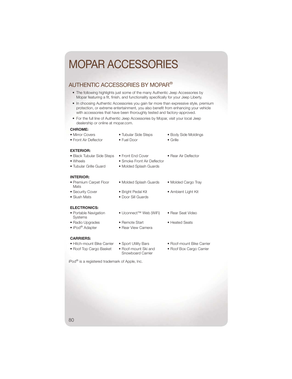 Mopar accessories, Authentic accessories by mopar | Jeep 2011 Liberty - User Guide User Manual | Page 82 / 88