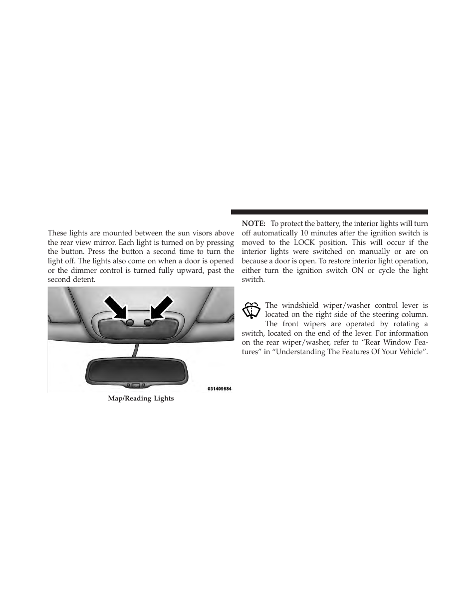 Map/reading lights, Windshield wipers and washers | Jeep 2011 Patriot - Owner Manual User Manual | Page 154 / 490